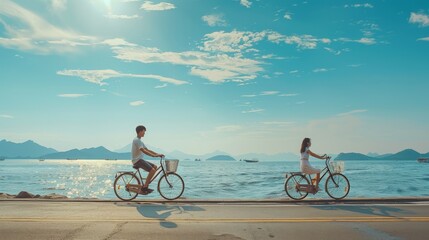 Fototapeta premium People, leisure and lifestyle concept - happy young couple riding bicycles on beach.