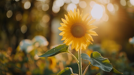 Naklejka premium a large sunflower in the field at sunset, close up