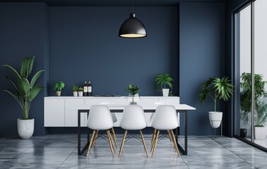 Modern kitchen interior with white table, chairs, and indoor plants