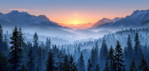 Naklejka premium Sunrise over misty mountain forest.