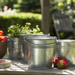 Three galvanized metal buckets on a wooden table with fresh strawberries and tomatoes in a garden setting.