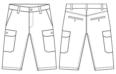 Mens three quarter shorts short pants  front and back view flat sketch vector template illustration 