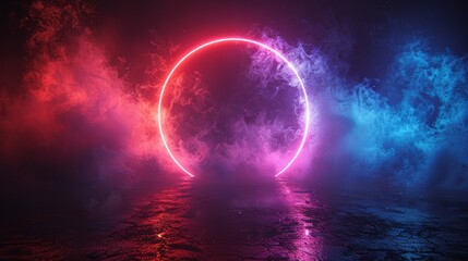 Neon circle is glowing in the dark, surrounded by red and blue smoke, creating a mysterious and futuristic atmosphere