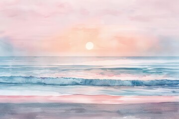 serene sunrise meditation on pristine beach minimalist aesthetic with pastel sky and calm sea watercolor illustration