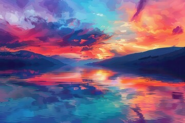serene sunset over tranquil lake with vibrant colors reflecting on water digital paintings
