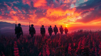 Squad of soldiers is walking in a field at sunset, with the silhouettes of the soldiers framed against the colorful sky