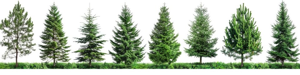 Fototapeta premium Fir Trees Collage: Beautiful Evergreen Flora in Green on White Background