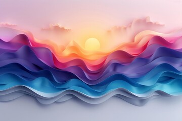 Abstract sunset landscape with colorful paper waves and clouds.