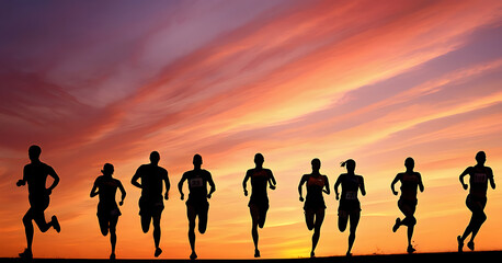 Fototapeta premium close up runners on a track at sunset, their silhouettes outlined against the colorful sky