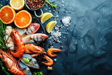 Fish and Seafood Delicacies. Fresh and Tasty Seafood Concept on Background