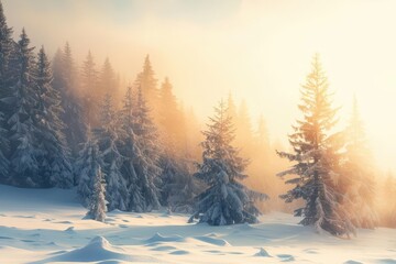 serene winter landscape with snowcovered pine forest soft diffused light filters through misty air creating dreamy atmosphere untouched blanket of snow sparkles in subtle sunlight