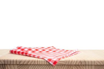 Fabric cloth or checked red  on wood table counter top background.object isolated