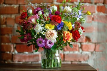 Fototapeta premium Flowers on Table. Beautiful Blossom Bouquet in Vase Against Brick Wall Background