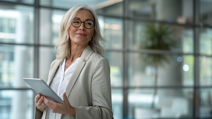 Woman with glasses holding tablet in spacious room