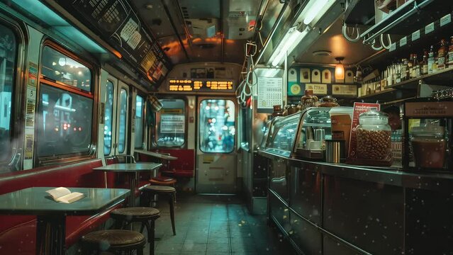 Animation Retro diner interior with neon lights and empty seats generated with ai