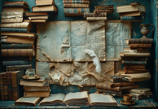 Empty open book, old accessories and post cards. sentimental vintage background.