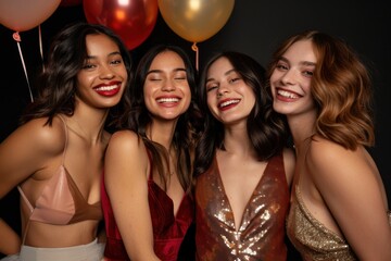 A lively party scene featuring four smiling women, radiating happiness and joy, with colorful balloons in the background against a dark backdrop