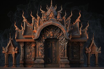 Fototapeta premium a colorful carved wooden buddhist art and architecture design in the black light and neon light art winning award on black background