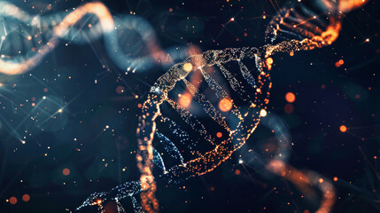 DNA structure with glowing particles on black background