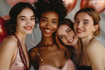 Obraz premium Close-up portrait of four smiling women of diverse ethnic backgrounds, celebrating together with pink balloons and a festive atmosphere