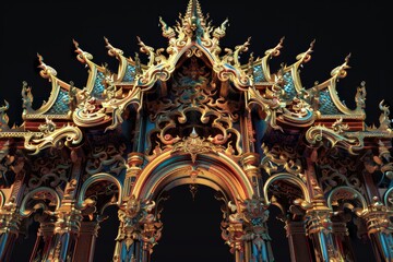 a colorful carved wooden buddhist art and architecture design in the black light and neon light art winning award on  black background