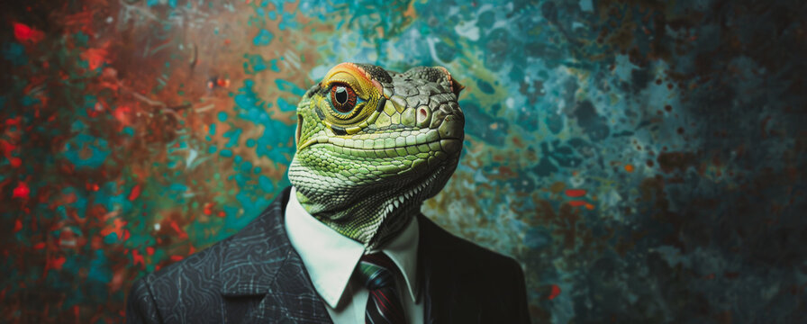 A green lizard in a suit poses against a blue and green background