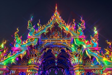 Obraz premium a colorful carved wooden buddhist art and architecture design in the black light and neon light art winning award on black background
