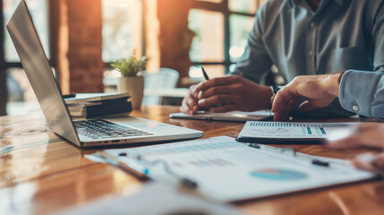 Two individuals at a table with laptops and papers