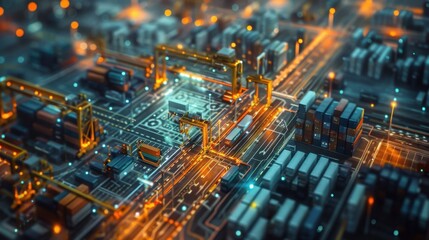 Future logistics data-driven insights, showcasing complex data visualizations in a modern logistics hub, emphasizing efficiency and strategic planning. 