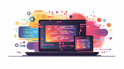 Colorful abstract representation of programming code on laptop and tablet screens, symbolizing modern technology and coding.