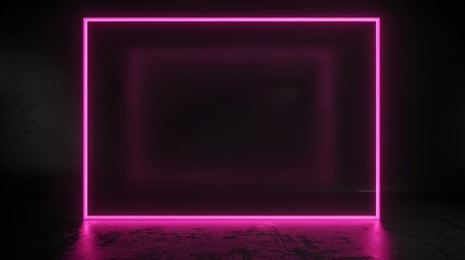 Fototapeta premium Vibrant pink neon rectangle glows in a dim room, casting a soft hue on the floor, adding a futuristic touch. Ideal for nightlife, club parties, or stage presentations