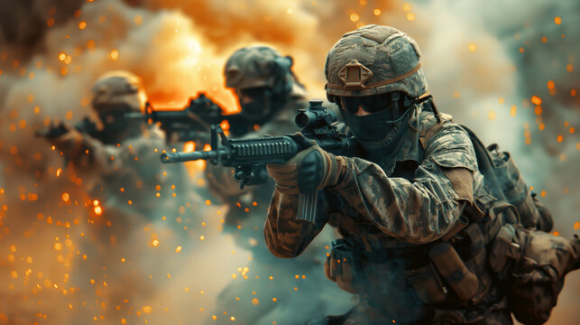 Intense scene of military soldiers in combat gear aiming rifles amidst fiery explosion - Powered by Adobe