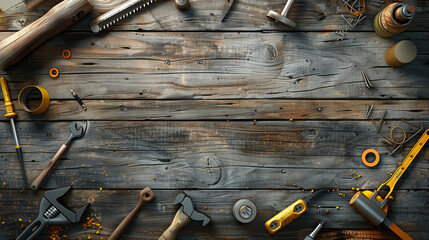 old wooden background with carpentry tools