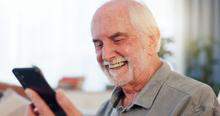 Senior man, retirement home and excited with smartphone for online gambling with rewards and...