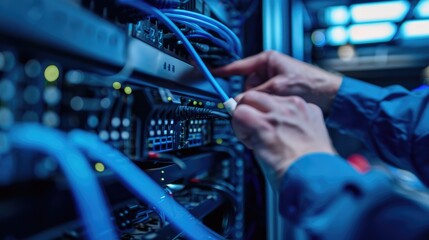Naklejka premium A close-up of a technician installing a network