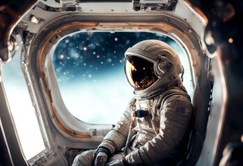 Obraz premium space a astronaut profile sitting rocket side helmet outer person astronomy exploration explore