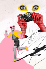 Vertical photo collage of astonished girl celebrity run stalker eyes follow spy take photo capture...