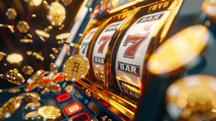 Bitcoin cryptocurrency wins on a slot machine jackpot with falling gold coins. The concept illustrates the risk and reward of investing in cryptocurrency