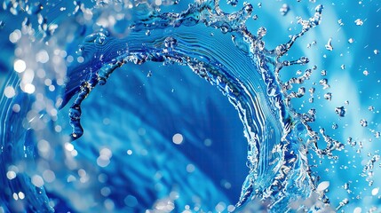 Close-up of swirling blue water with droplets, capturing the fluid motion and clarity of the liquid in a vibrant, dynamic image.