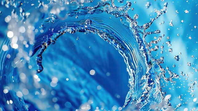 Close-up of swirling blue water with droplets, capturing the fluid motion and clarity of the liquid in a vibrant, dynamic image.