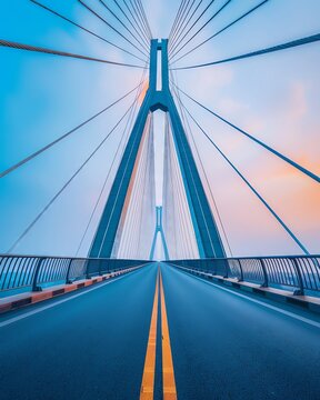 A perspective view of a cable-stayed bridge with a road leading to the horizon.
