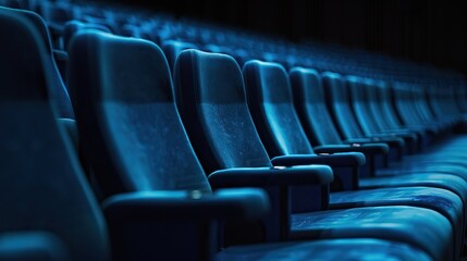 Fototapeta premium Rows of Empty Blue Theater Seats in a Dimly Lit Cinema Hall