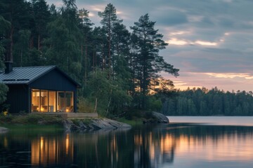 Fototapeta premium Cozy Cabin on a Tranquil Lake at Sunset.