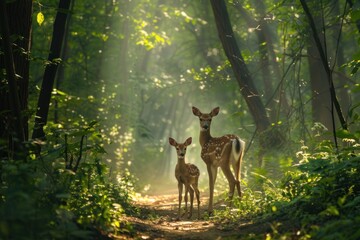 Two Deer in a Sunlit Forest
