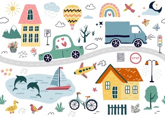 a modern seamless pattern,with hand drawn cars, signs, roads,  a tree. A cartoon element isolated on a white background. for print, children, paper, print.  illustration in the style  art