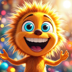 Cartoon character, a yellow creature with spiky hair and big blue eyes, standing against a colorful background filled with bokeh lights.