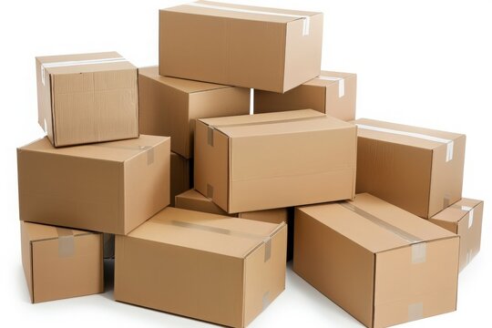 A disorganized pile of cardboard boxes stacked on top of each other in a chaotic arrangement.