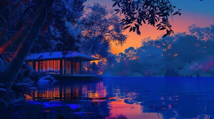 Fototapeta premium Silhouetted cabin by a lake under a starry sunset.