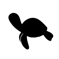 Black silhouette of turtle isolated on white background, sea life, design element, vector.