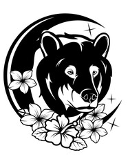 Floral Bear Moon | Bear with floral Crown | Floral Crown | Quarter Moon | Animal Portrait | Bear over the Moon | Celestial Bear | Original Illustration | Vector and Clipart | Cutfifle and Stencil